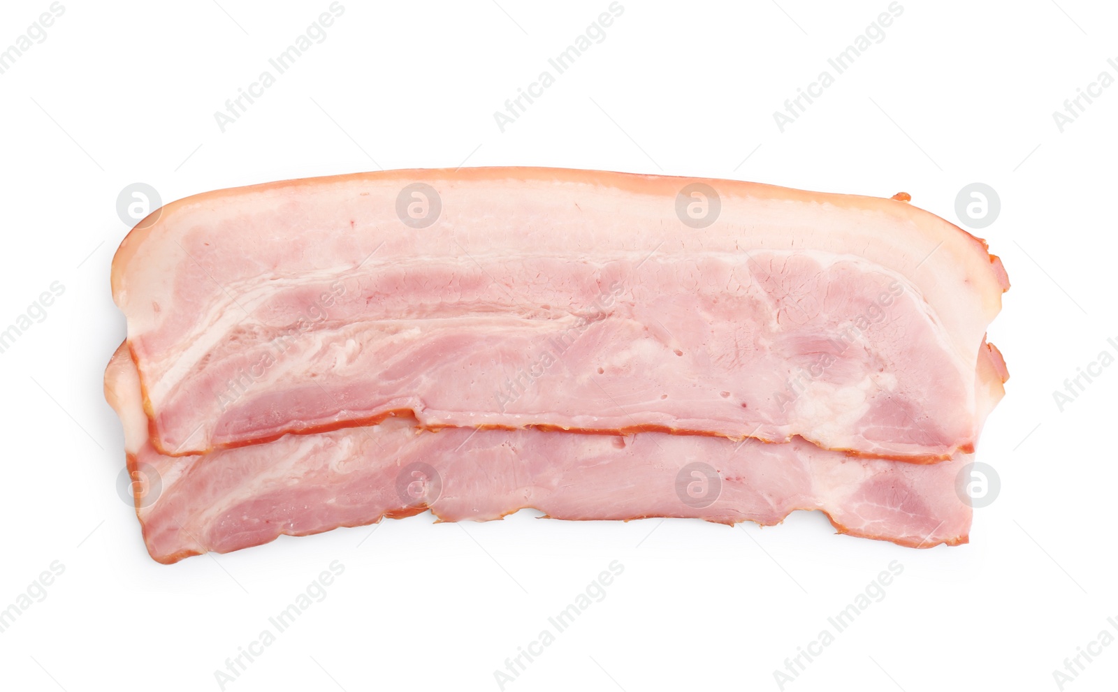 Image of Fresh raw bacon slices on white background, top view