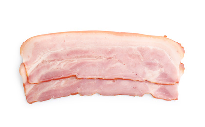 Image of Fresh raw bacon slices on white background, top view