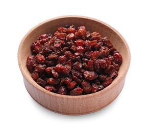 Photo of Dried barberries in wooden bowl isolated on white