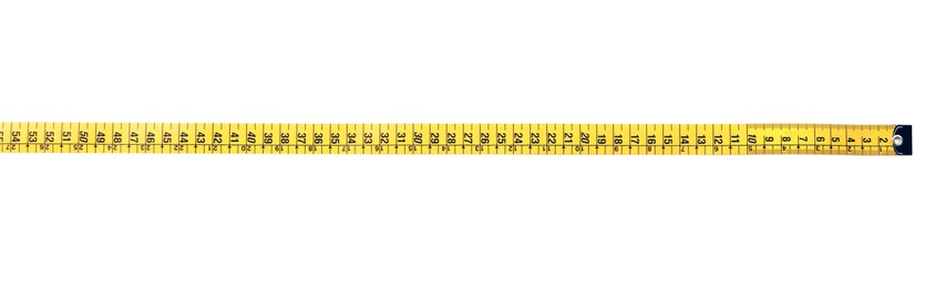 Photo of Long yellow measuring tape isolated on white, top view