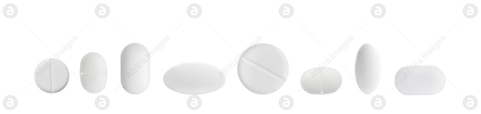 Image of Set of different pills in row isolated on white