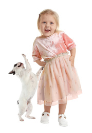 Image of Cute little girl with her pet on white background