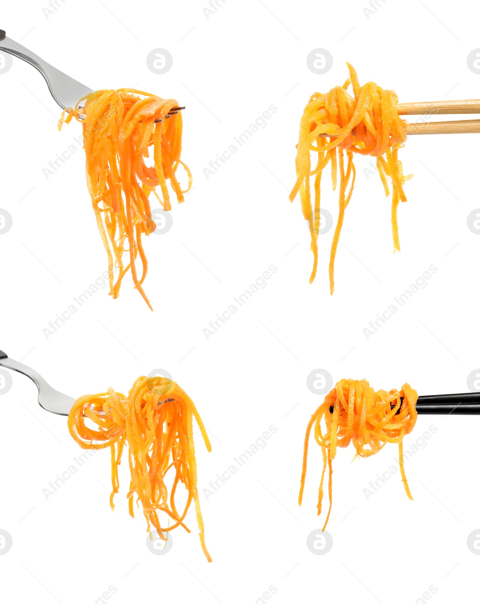 Image of Forks and chopsticks with tasty Korean carrot salad on white background, collage