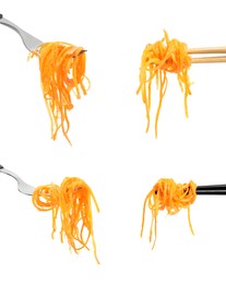 Image of Forks and chopsticks with tasty Korean carrot salad on white background, collage