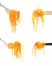 Forks and chopsticks with tasty Korean carrot salad on white background, collage