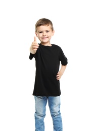 Photo of Little boy in t-shirt on white background. Mockup for design
