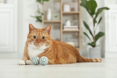 Photo of Cute ginger cat playing sisal toy at home