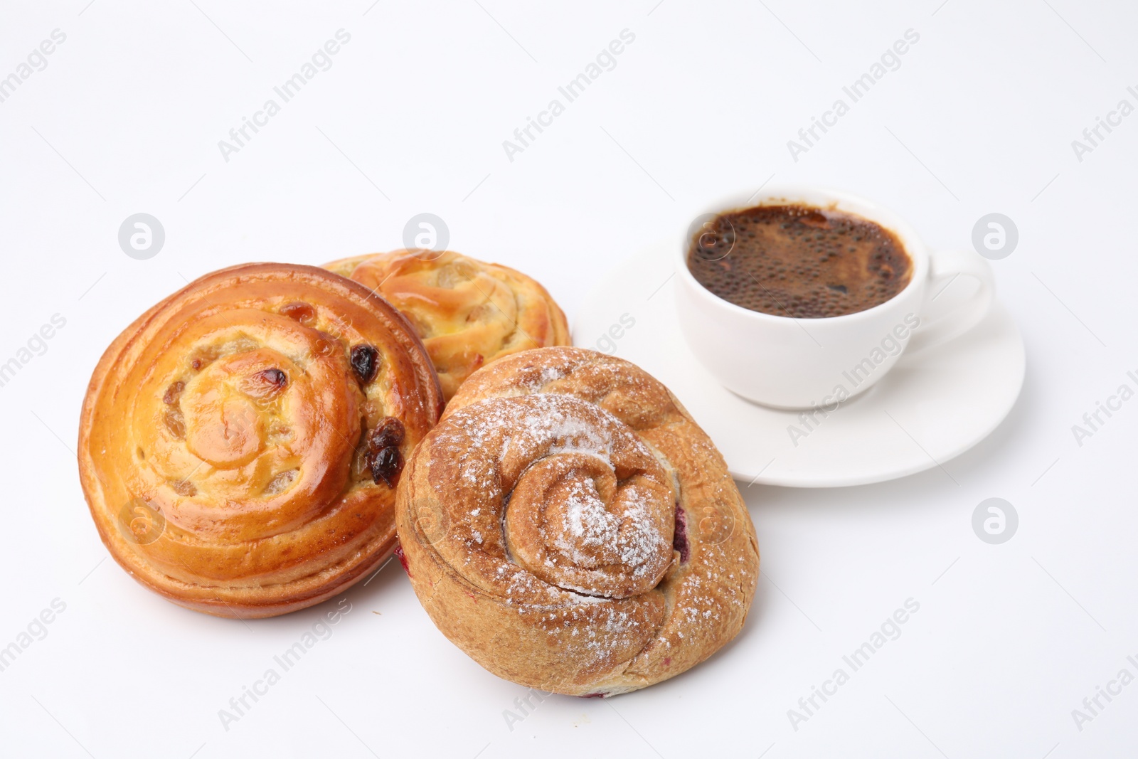 Photo of Delicious rolls with jam, powdered sugar, raisins and cup of coffee isolated on white. Sweet buns