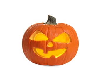 Photo of Cute pumpkin jack o'lantern isolated on white. Halloween decor