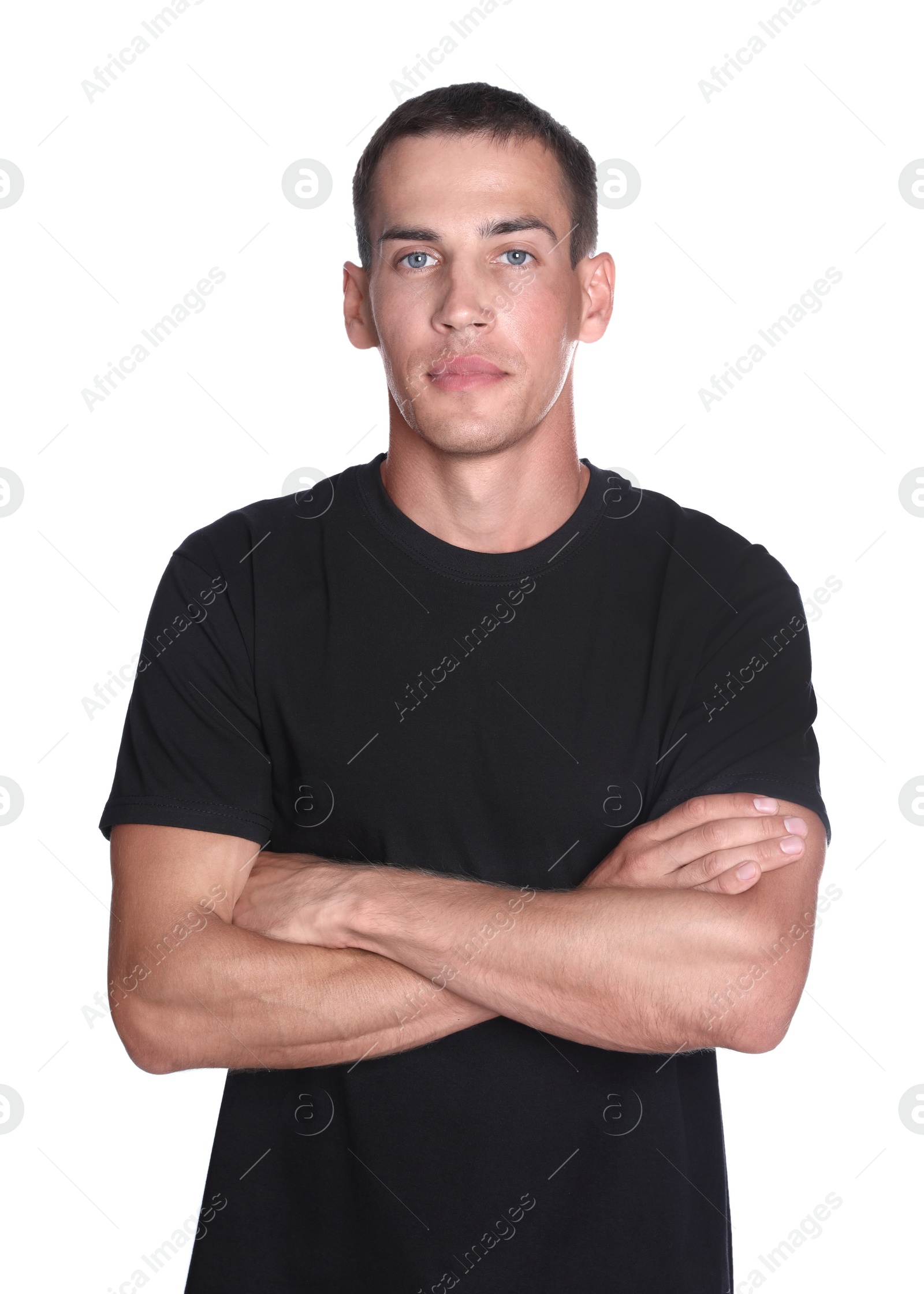 Photo of Portrait of personal trainer on white background. Gym instructor