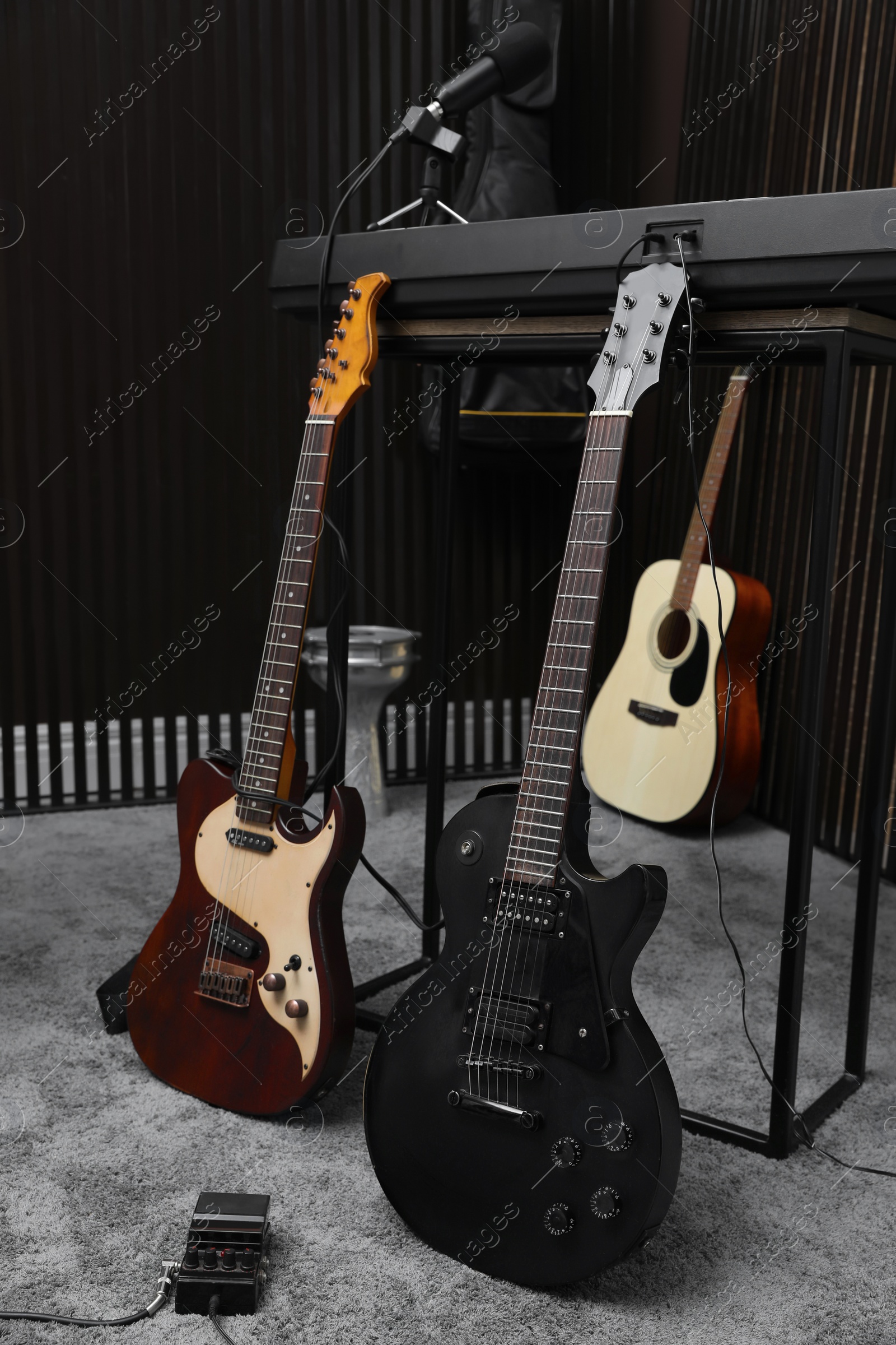 Photo of Musical instruments at recording studio. Band practice