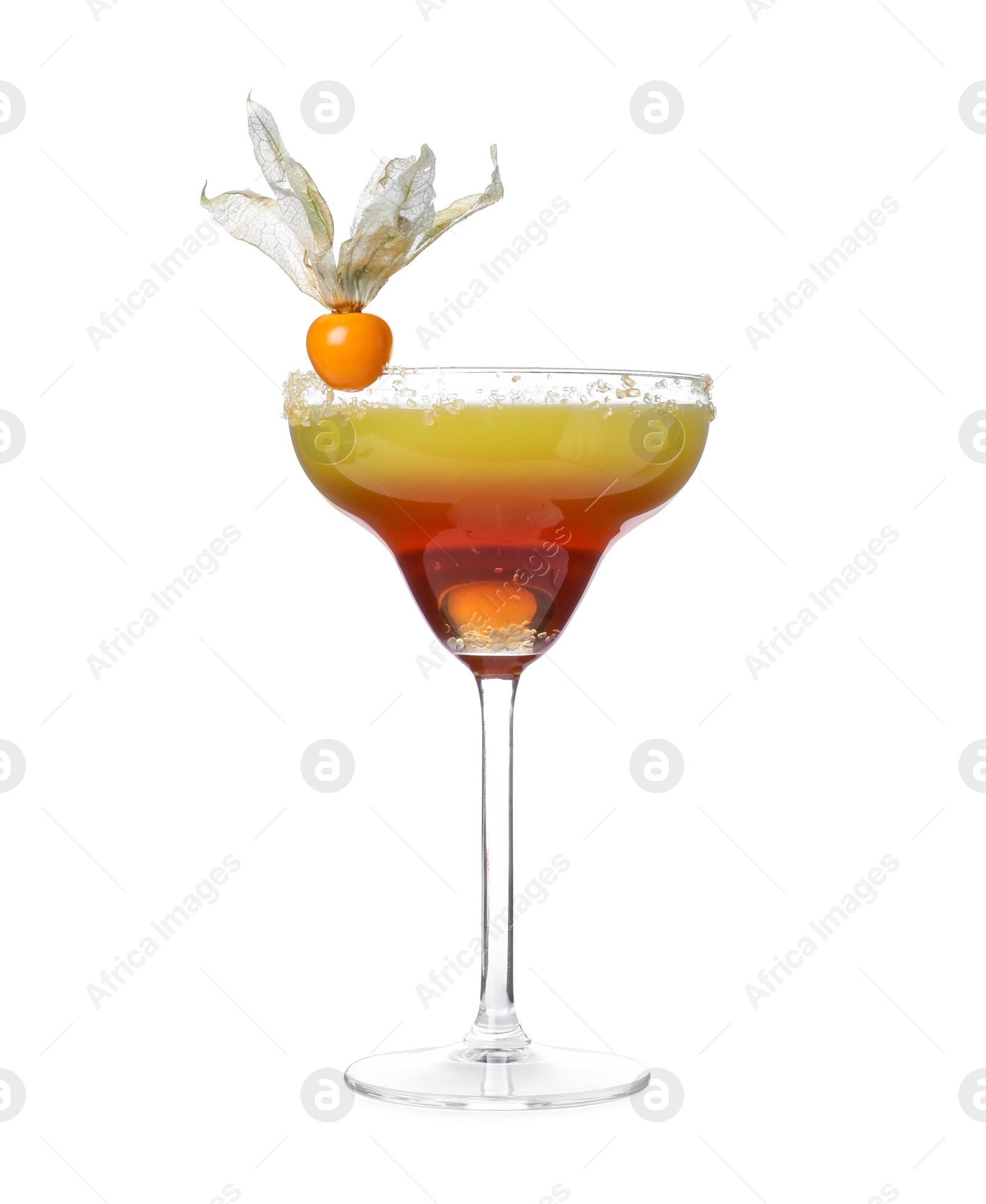 Photo of Refreshing cocktail decorated with physalis fruit on white background