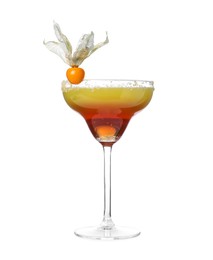 Refreshing cocktail decorated with physalis fruit on white background