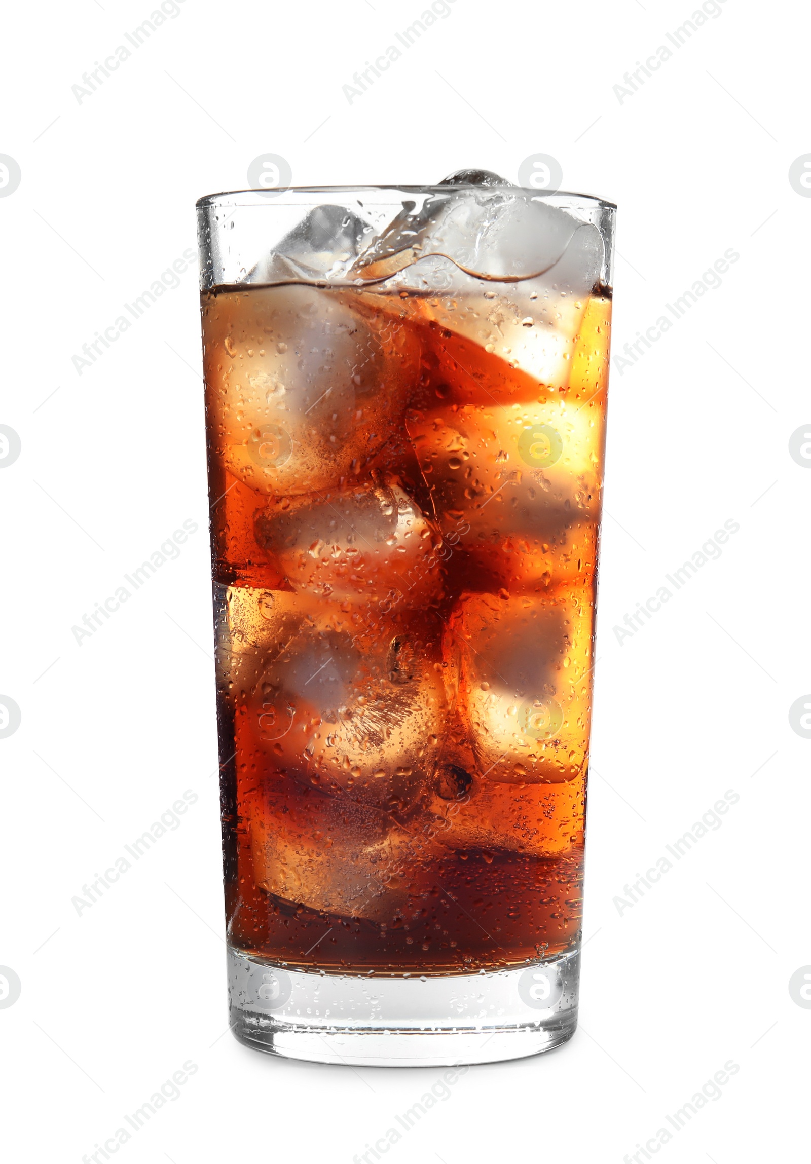 Photo of Glass of refreshing cola with ice on white background