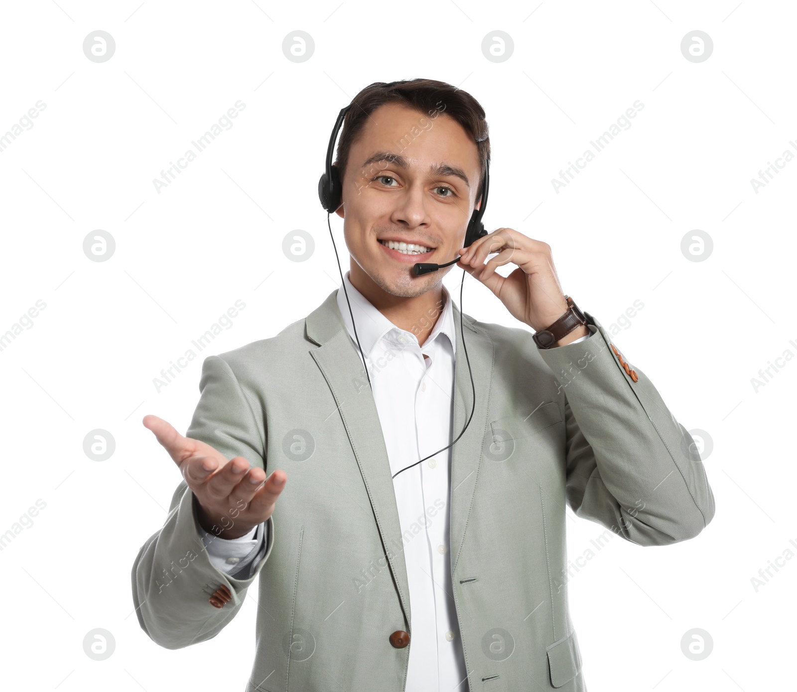 Photo of Technical support operator with headset on white background