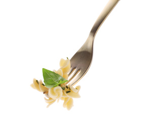 Photo of Fork with delicious fusilli pasta isolated on white