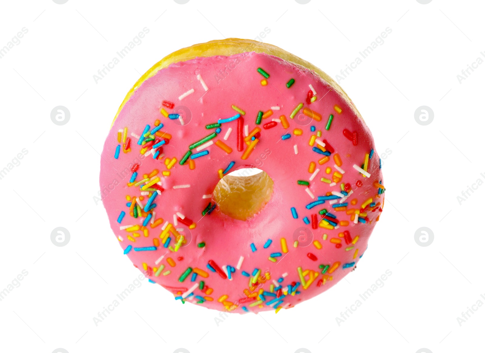 Photo of Sweet tasty glazed donut decorated with sprinkles isolated on white