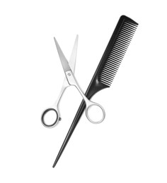 Photo of New scissors and comb on white background, top view. Professional tool for haircut