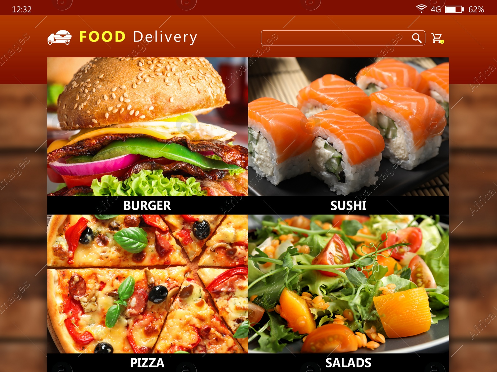 Image of Food delivery app. Display with appetizing menu