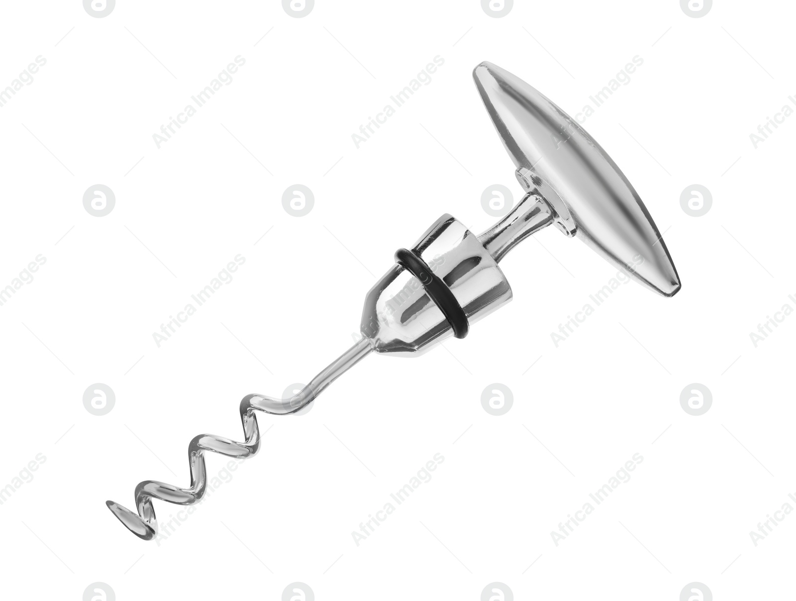 Photo of One metal corkscrew isolated on white. Kitchen utensil