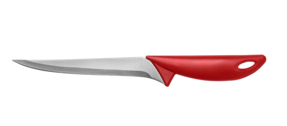 Photo of New clean boning knife on white background