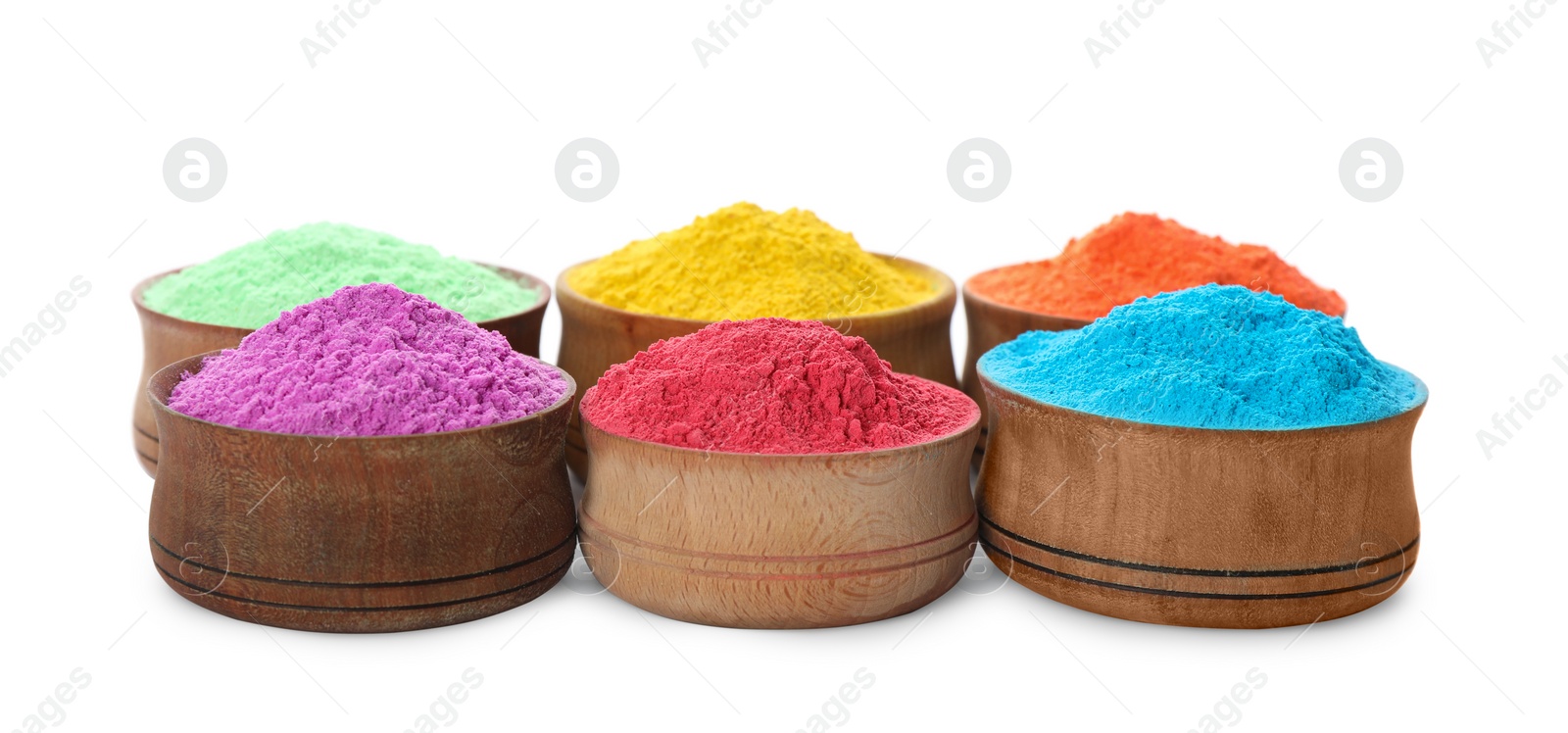Photo of Colorful powder dyes in bowls on white background. Holi festival