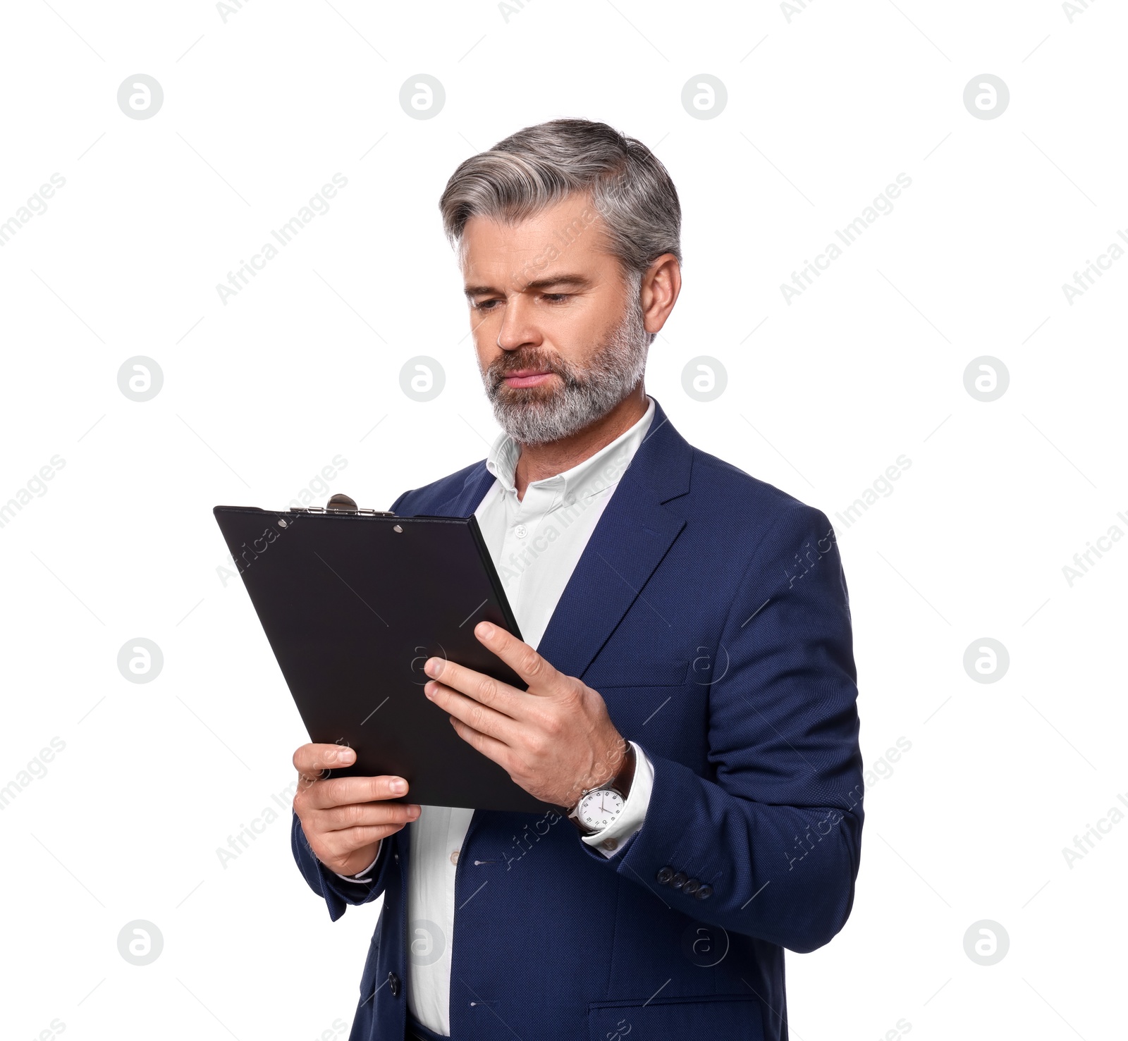 Photo of Portrait of serious man with clipboard on white background. Lawyer, businessman, accountant or manager