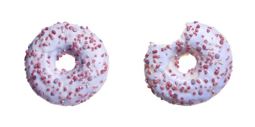 Image of Whole and bitten tasty donuts with sprinkles isolated on white