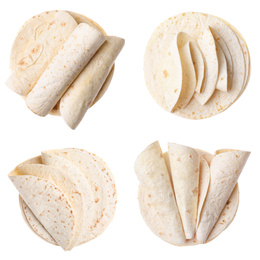 Image of Set of corn tortillas on white background, top view