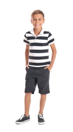 Photo of Adorable little boy in casual clothes on white background