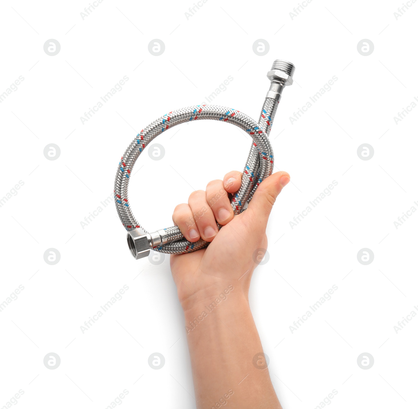 Photo of Plumber holding flexible hose on white background, closeup