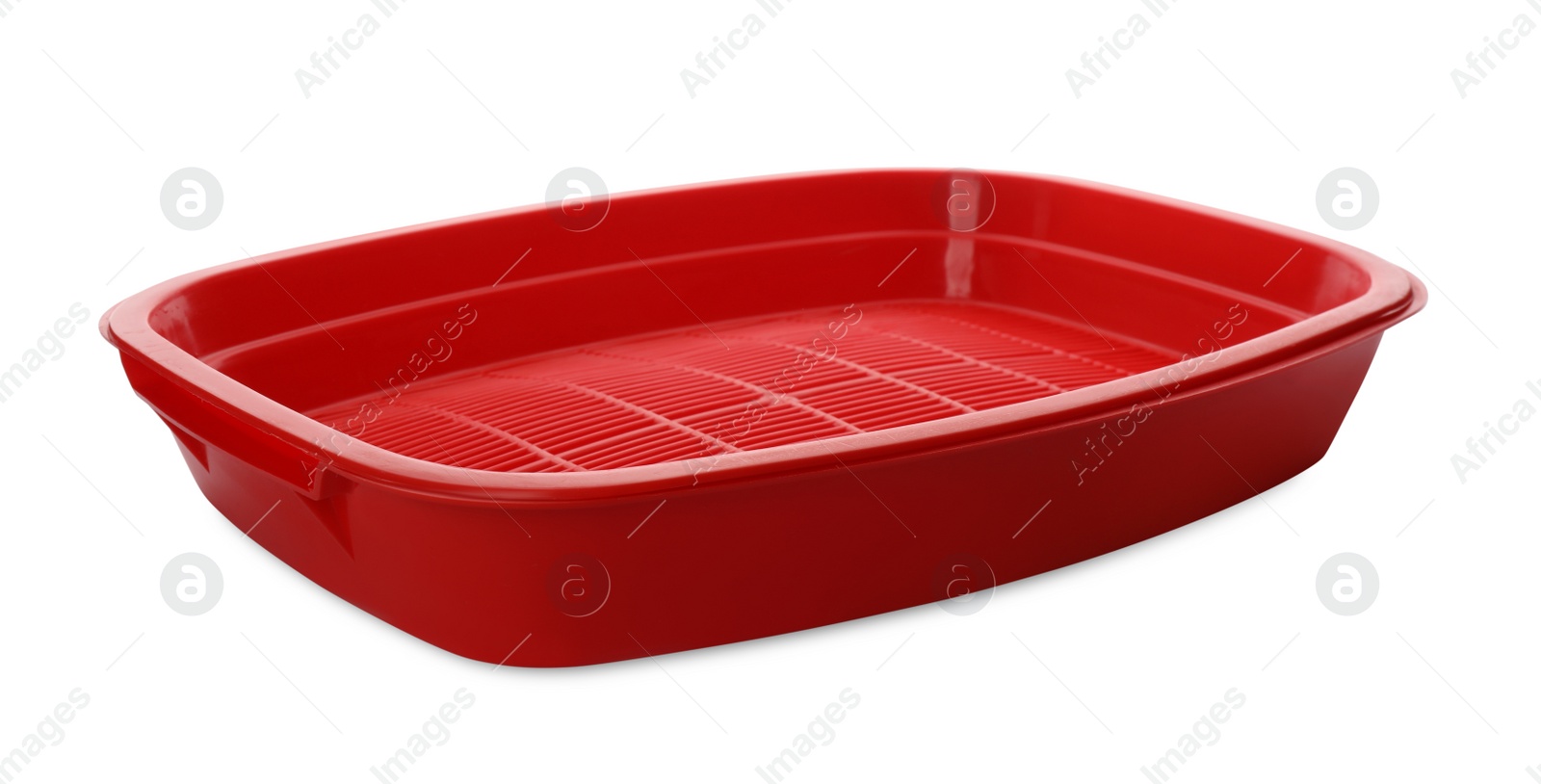 Photo of Empty red cat litter tray isolated on white