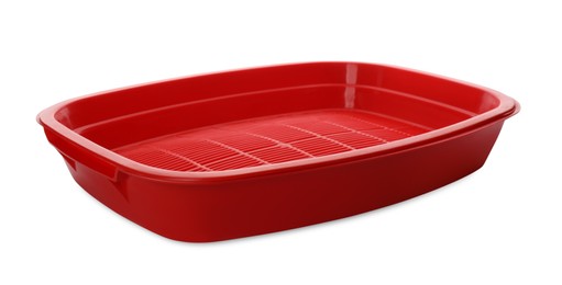 Empty red cat litter tray isolated on white