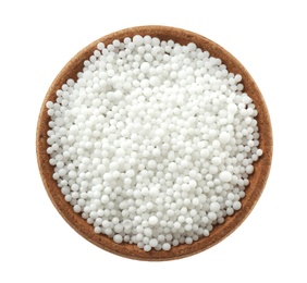 Photo of Pellets of ammonium nitrate isolated on white, top view. Mineral fertilizer