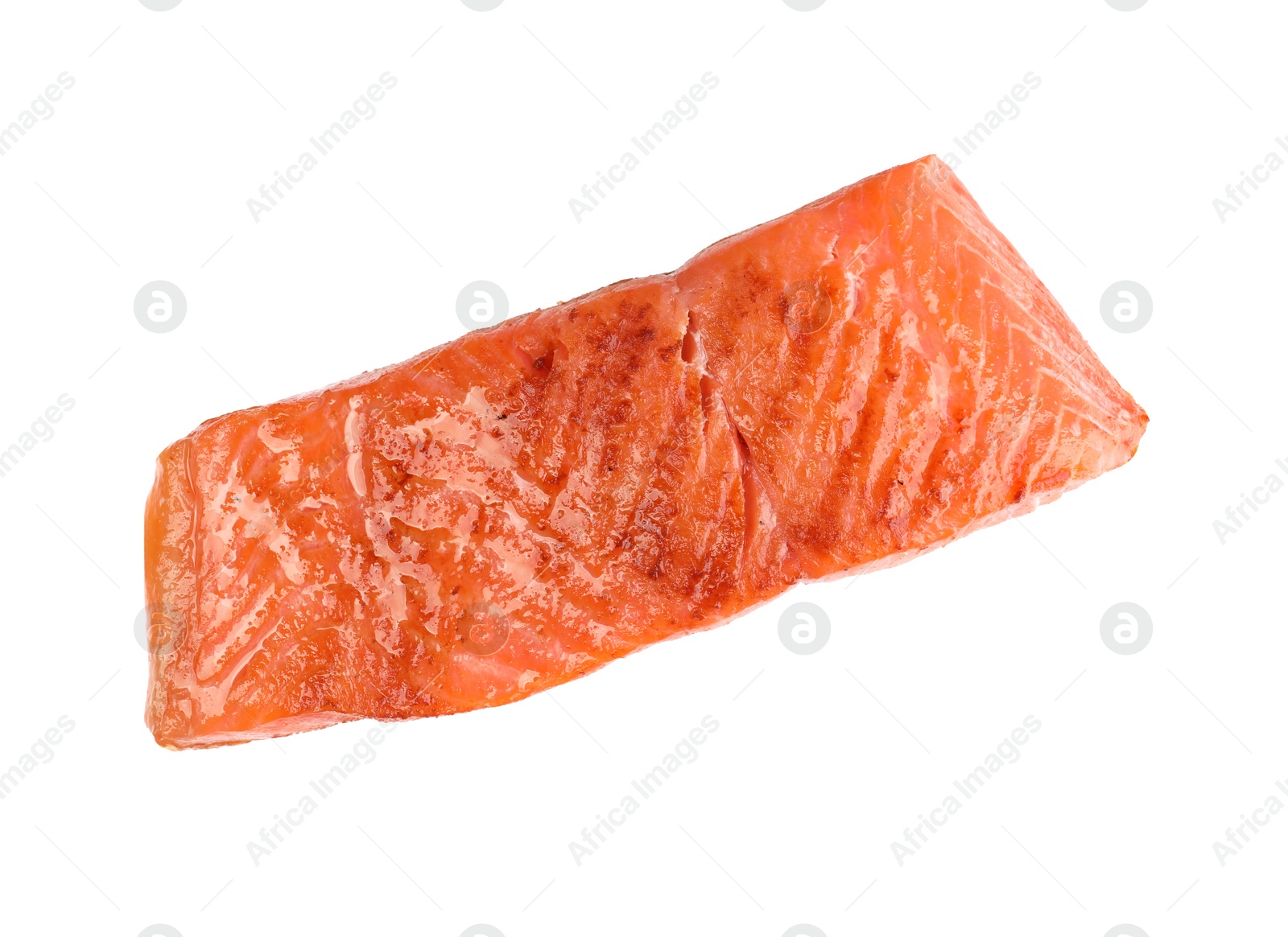 Photo of Piece of tasty grilled salmon isolated on white, top view