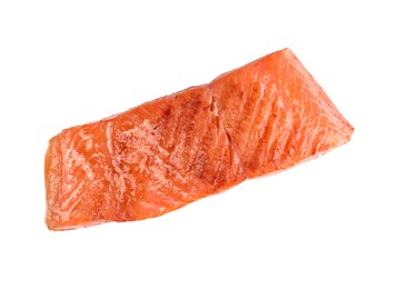 Photo of Piece of tasty grilled salmon isolated on white, top view