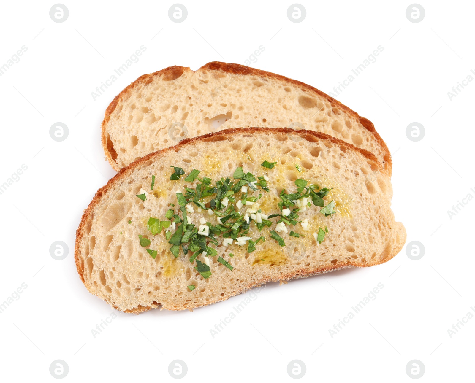 Photo of Tasty bruschettas with oil, garlic and herbs on white background, top view