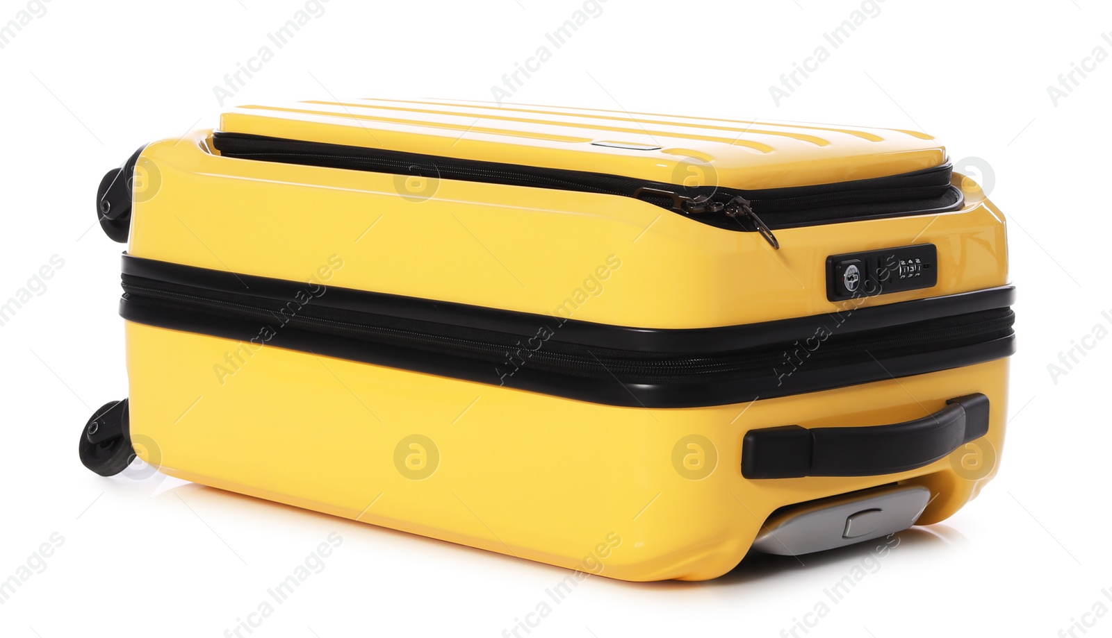 Photo of Bright yellow suitcase on white background