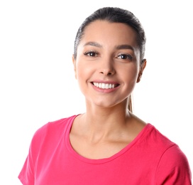 Young woman with healthy teeth on white background