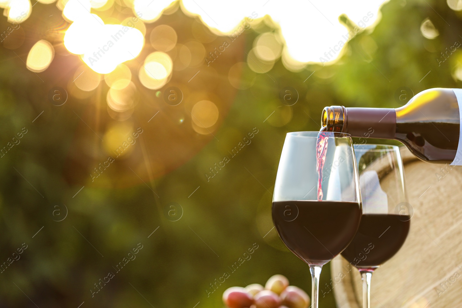 Photo of Pouring wine from bottle into glass outdoors, space for text