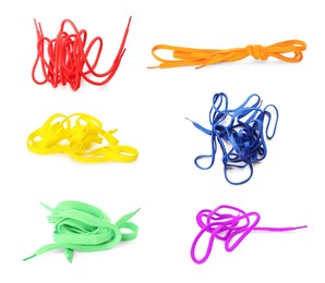 Image of Set with different bright shoe laces on white background
