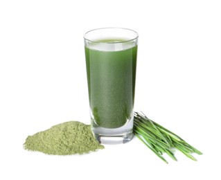 Photo of Wheat grass drink in shot glass, fresh sprouts and green powder isolated on white