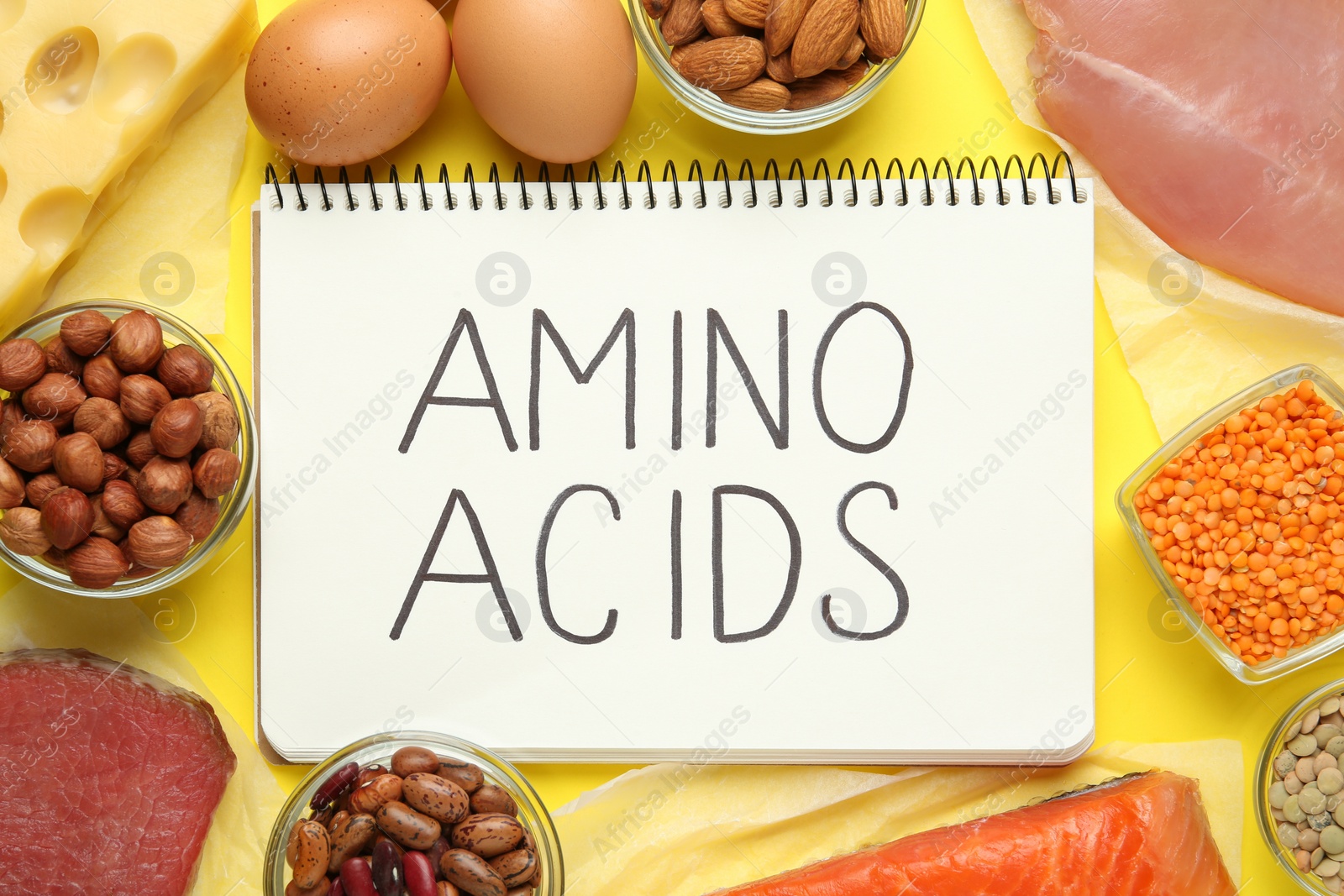 Photo of Flat lay composition with products rich in amino acids on yellow background