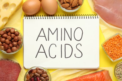 Photo of Flat lay composition with products rich in amino acids on yellow background