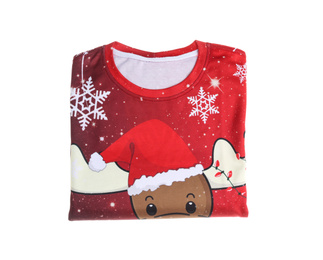 Folded warm Christmas sweater with deer isolated on white, top view