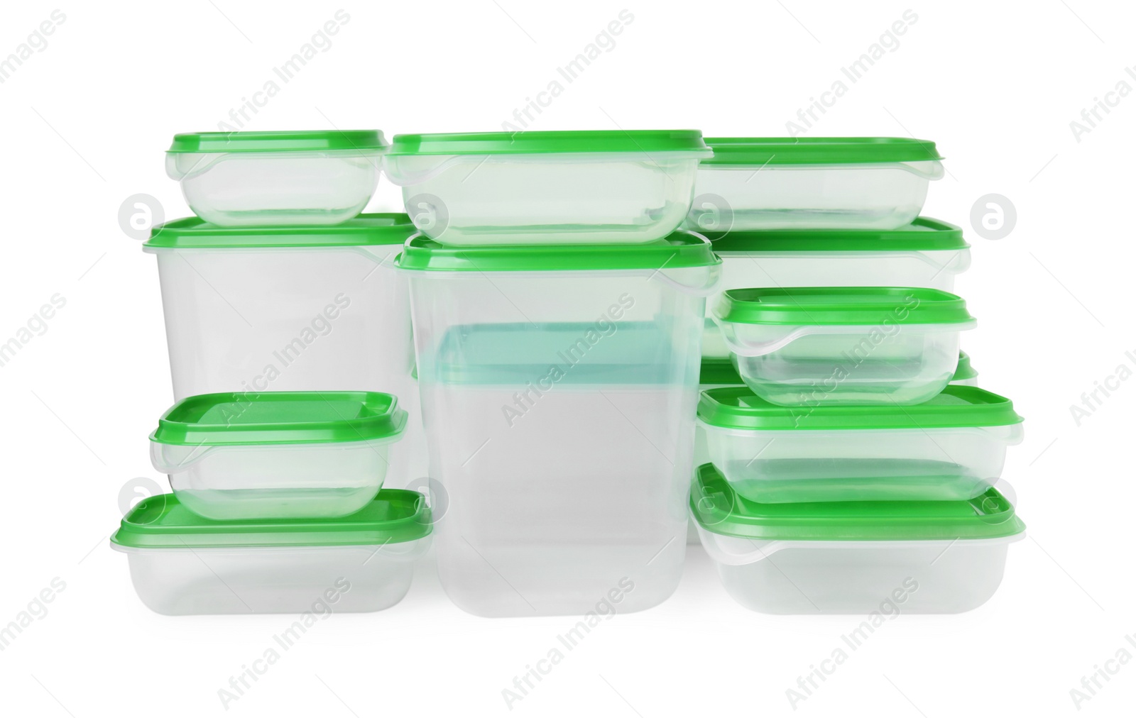 Photo of Empty plastic containers on white background. Food storage