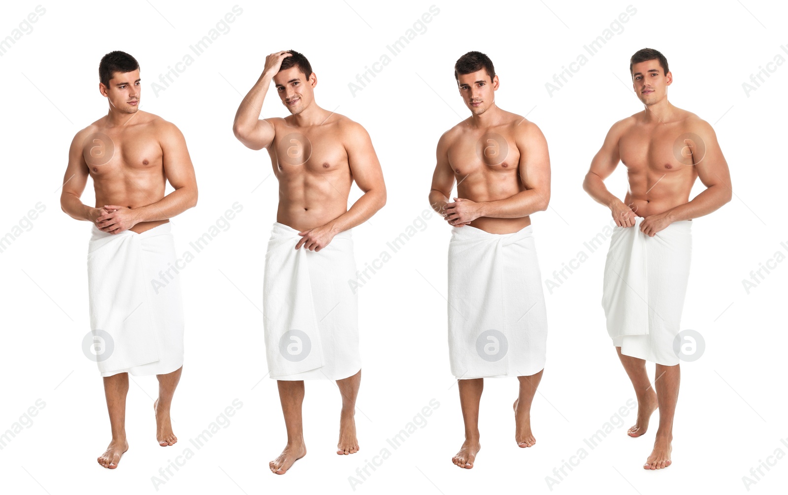 Image of Collage with photos of attractive man with soft towels on white background. Banner design