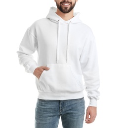 Photo of Young man in sweater isolated on white, closeup. Mock up for design