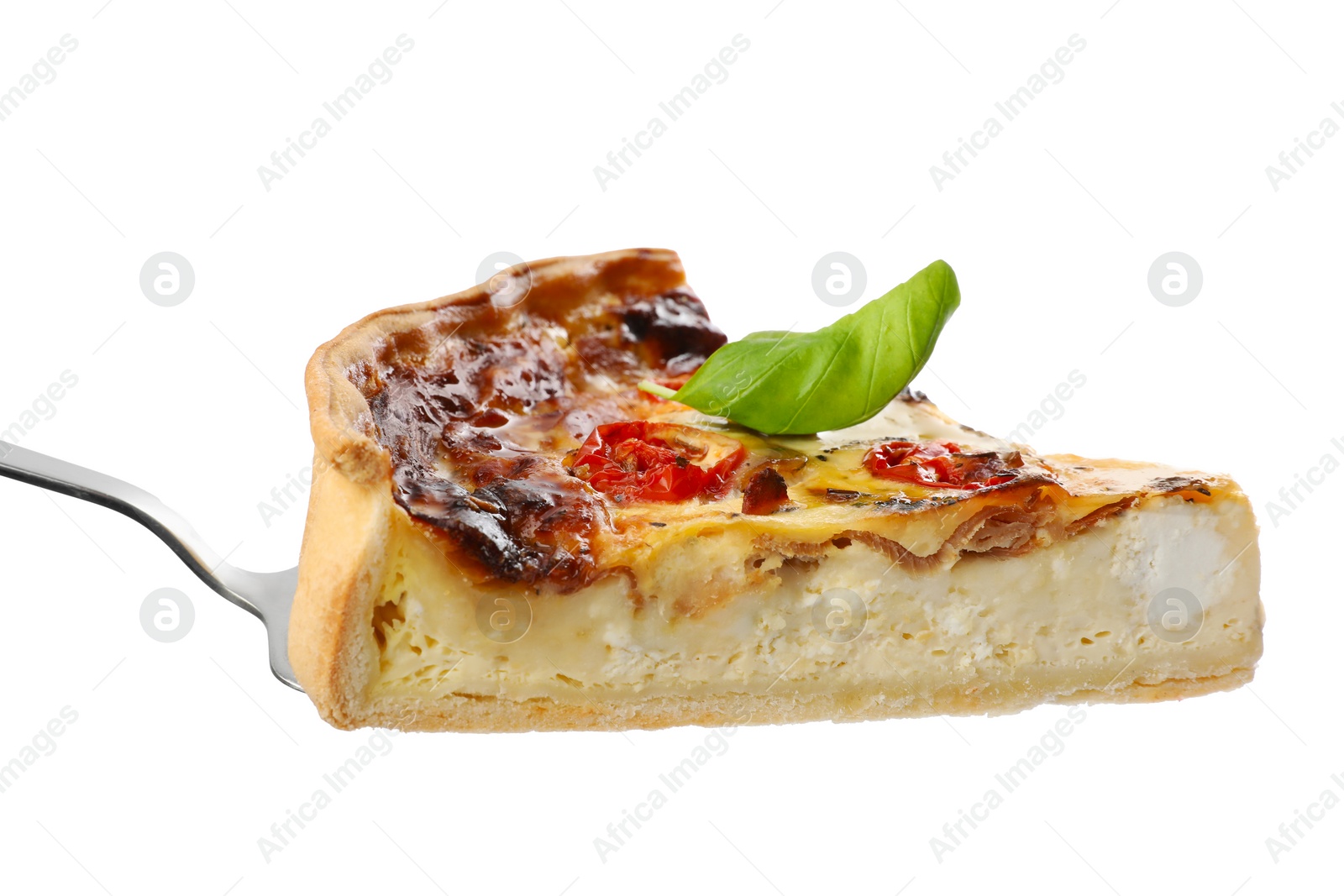 Photo of Server and piece of delicious homemade quiche with prosciutto isolated on white