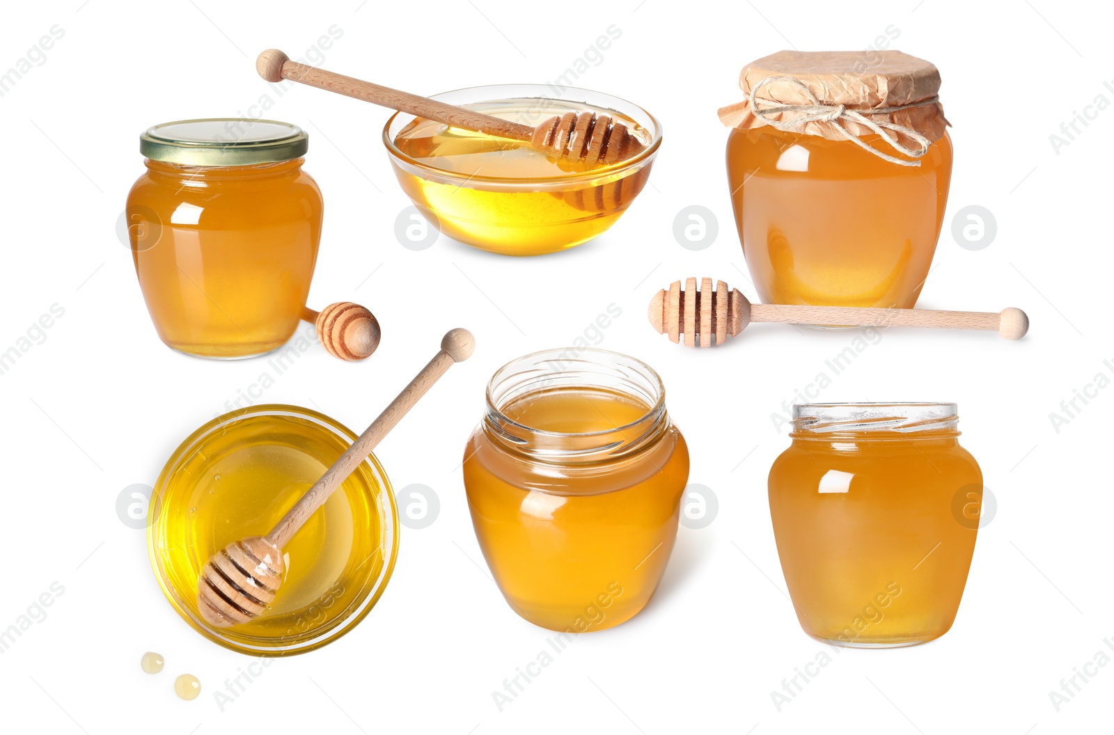 Image of Natural honey, glass jars and dippers isolated on white, set